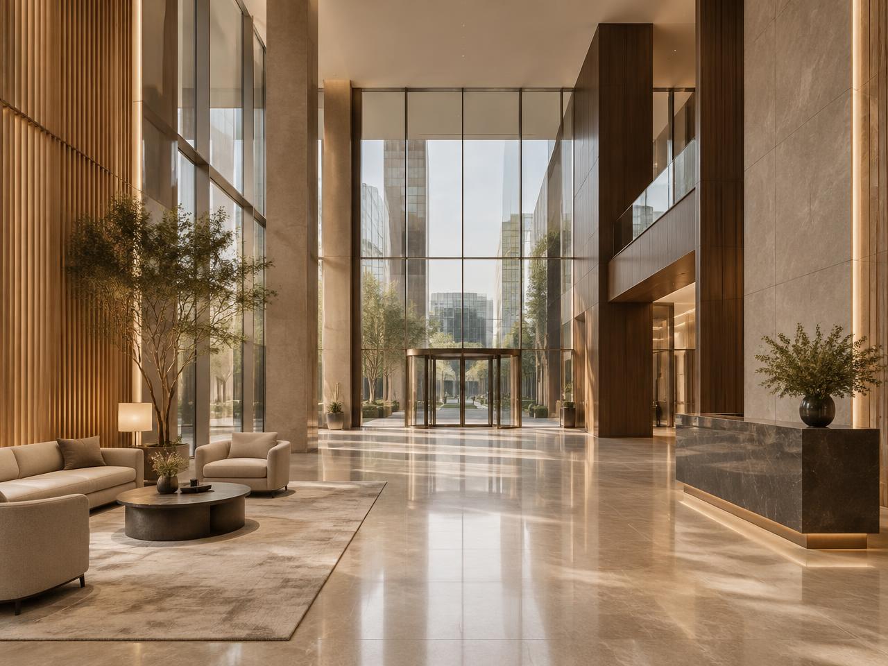 Lobby arquitectónico de un edificio corporativo moderno