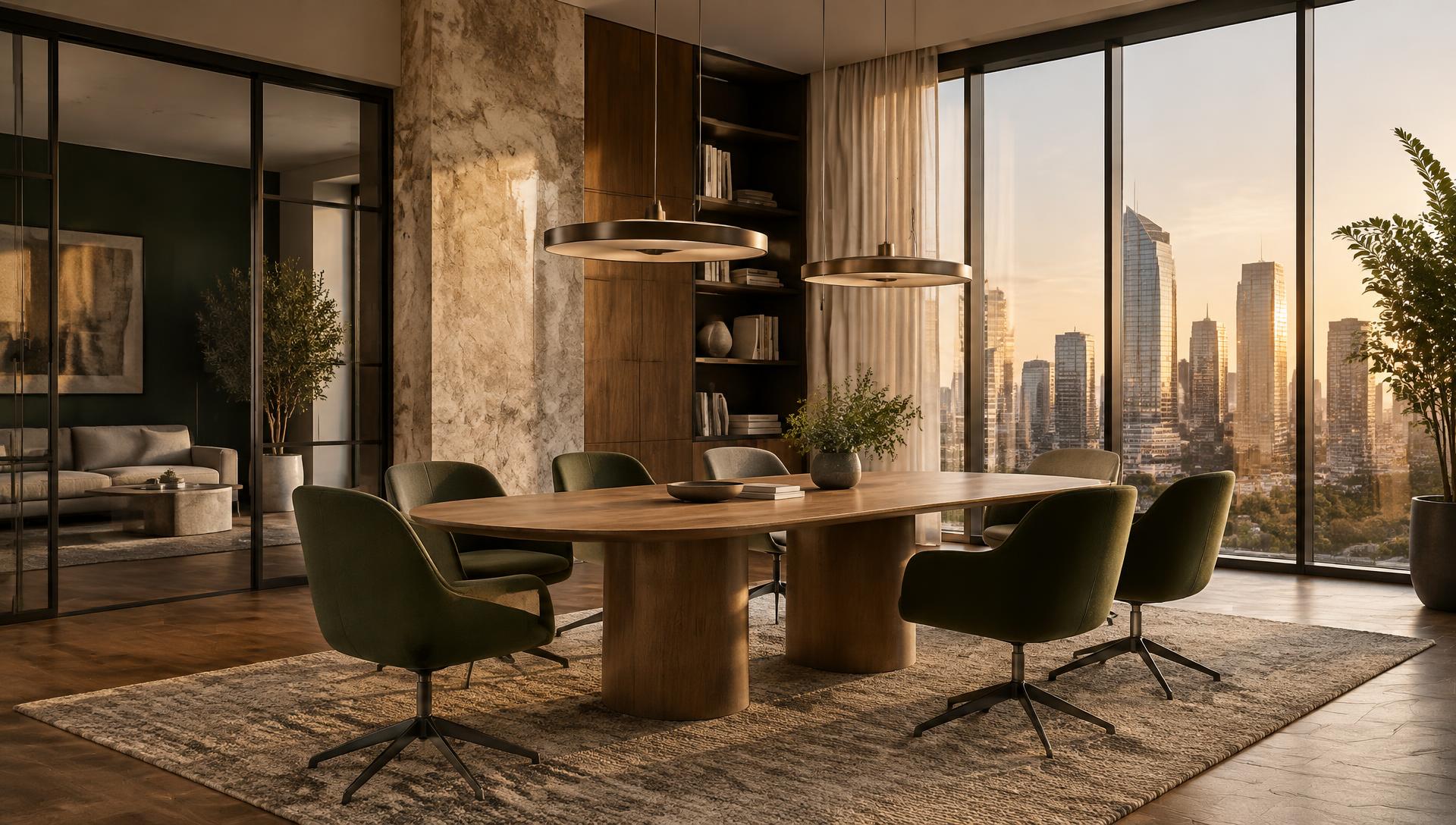 Oficina corporativa contemporánea con vista a la ciudad