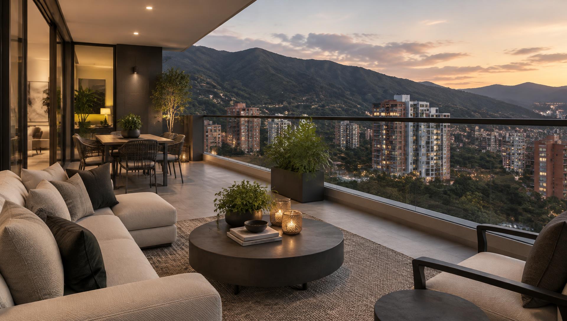Terraza de apartamento con vista urbana al atardecer